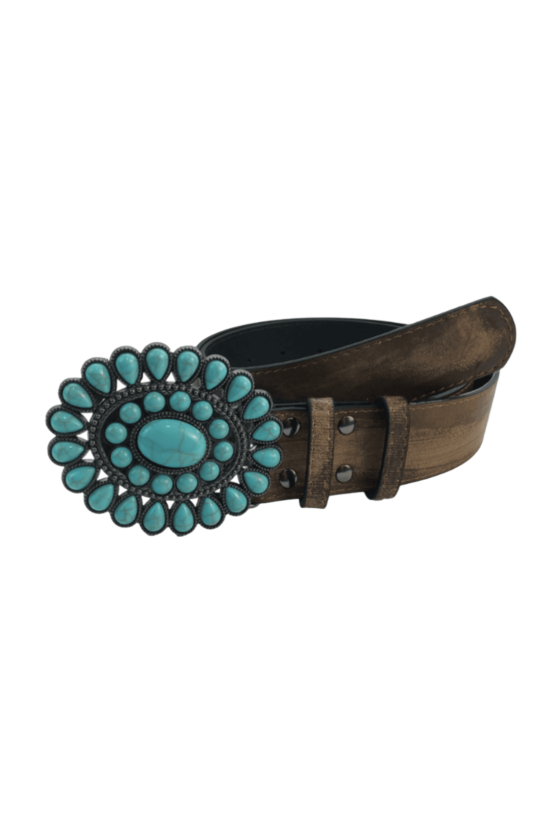 Turquoise Western Style Belt - Distressed Brown Leather