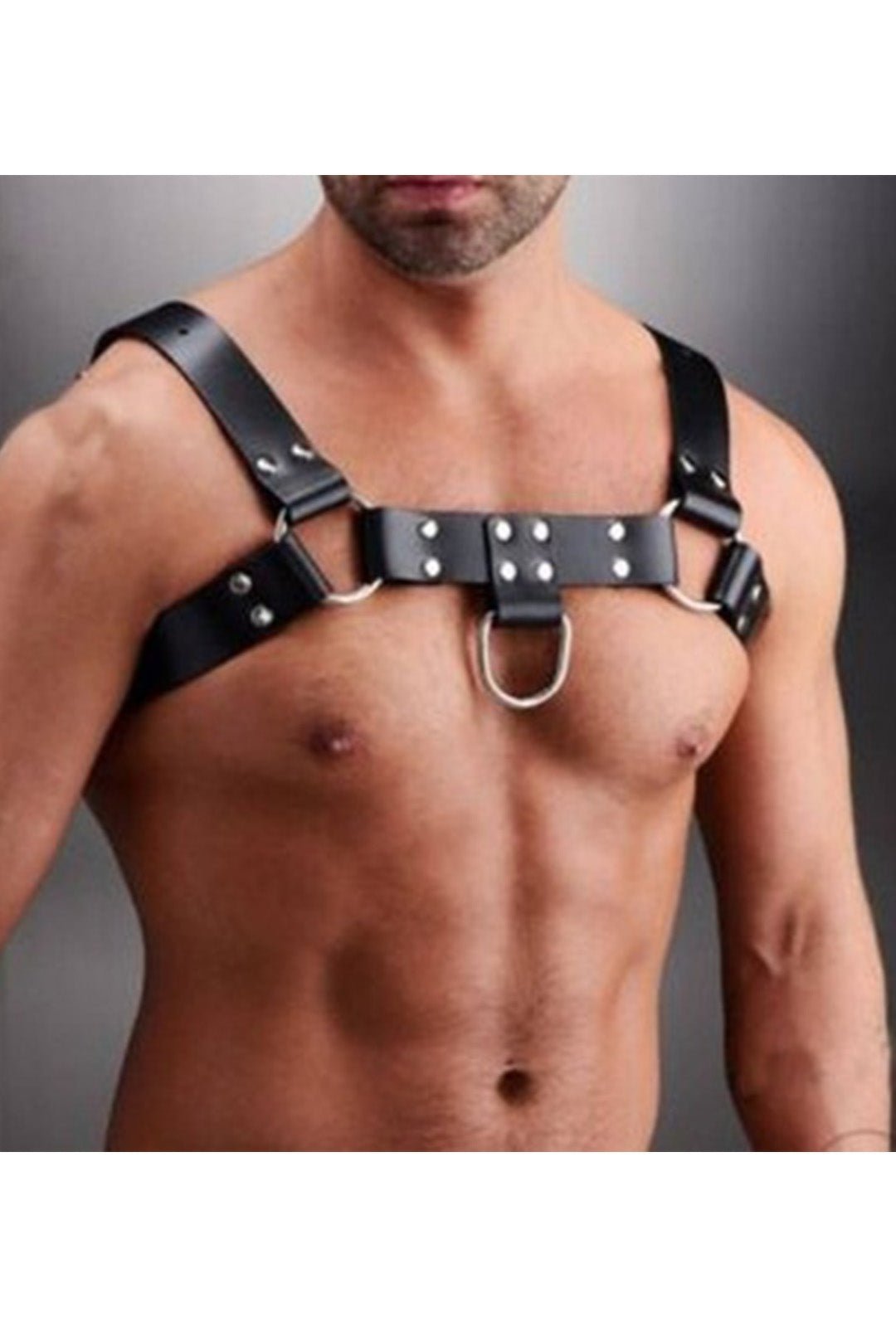Men’s Black Pleather Chest Harness with O-Rings