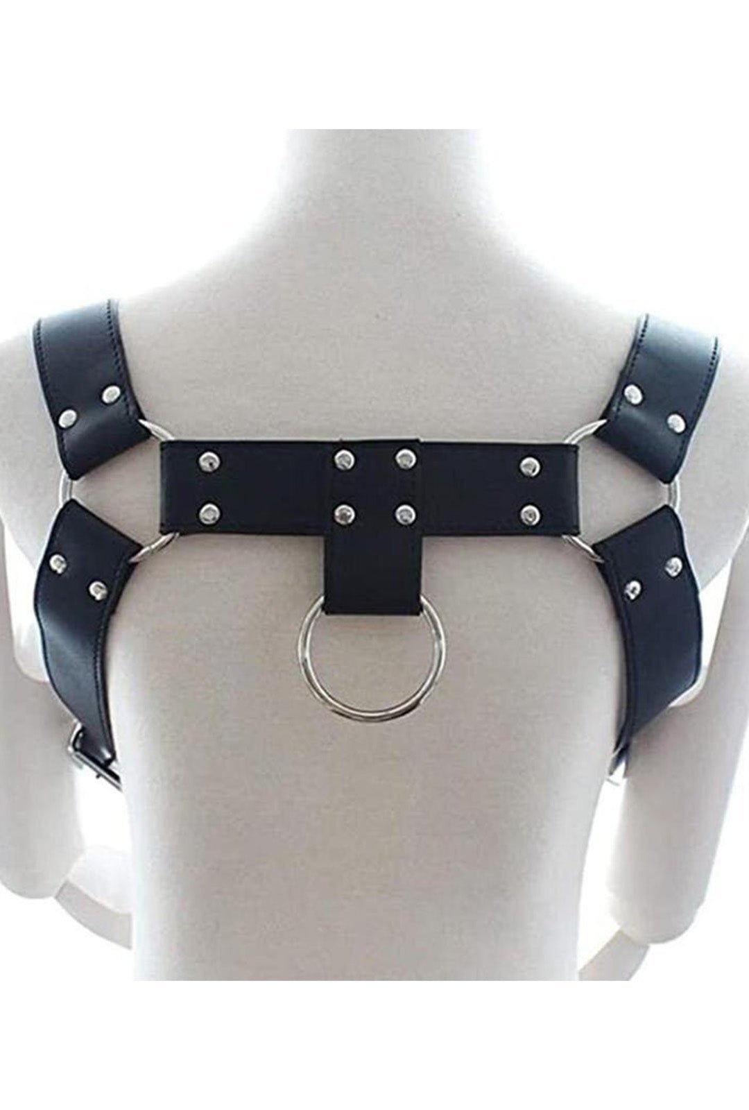 Men’s Black Pleather Chest Harness with O-Rings - Image 2