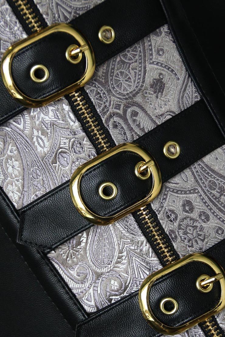 Silver Jacquard Steampunk Crossdresser Corset with Buckles - Image 3