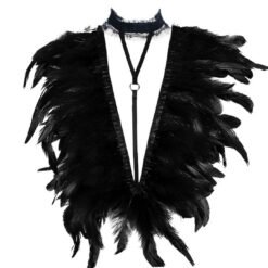 Black Feather Strap Harness – Dramatic V-Neck with Choker
