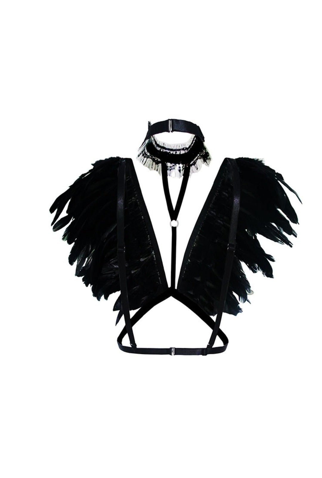Black Feather Strap Harness – Dramatic V-Neck with Choker - Image 2