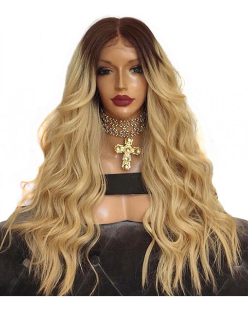 Long Wavy Golden Brown Hair Synthetic Wig Handmade Crossdresser Wigs Hair Griselda 1