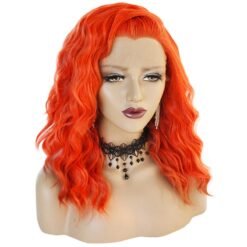 Medium Wavy Bright Red Hair Lace Synthetic Wig Handmade Crossdresser Wigs Sugar 2
