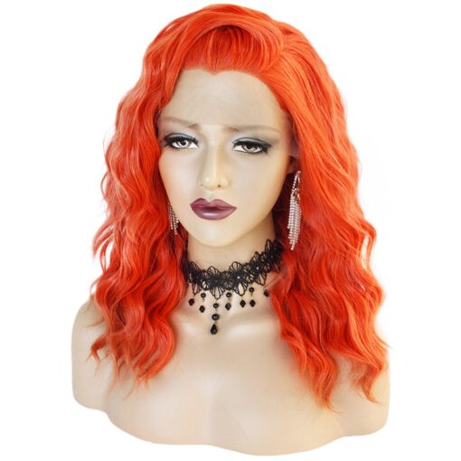 Medium Wavy Bright Red Hair Lace Synthetic Wig Handmade Crossdresser Wigs Sugar 3